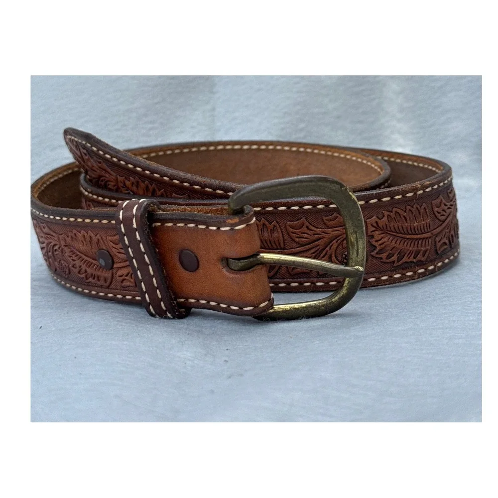Tex Tan Tooled Leather Belt Mens 38 Brown Floral Acorn 1979 Vintage Made in USA